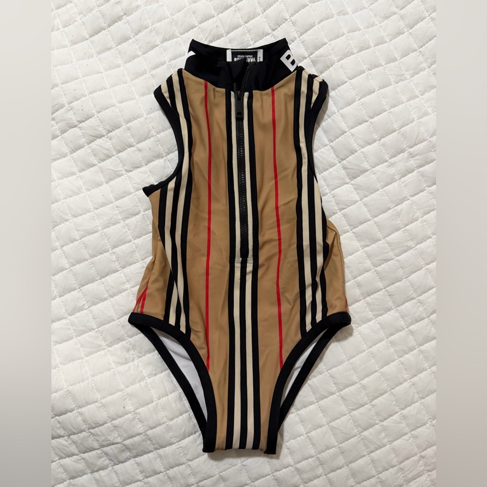 Burberry Kids Tan, Black & Red Striped Zip One-Piece. New without tag.